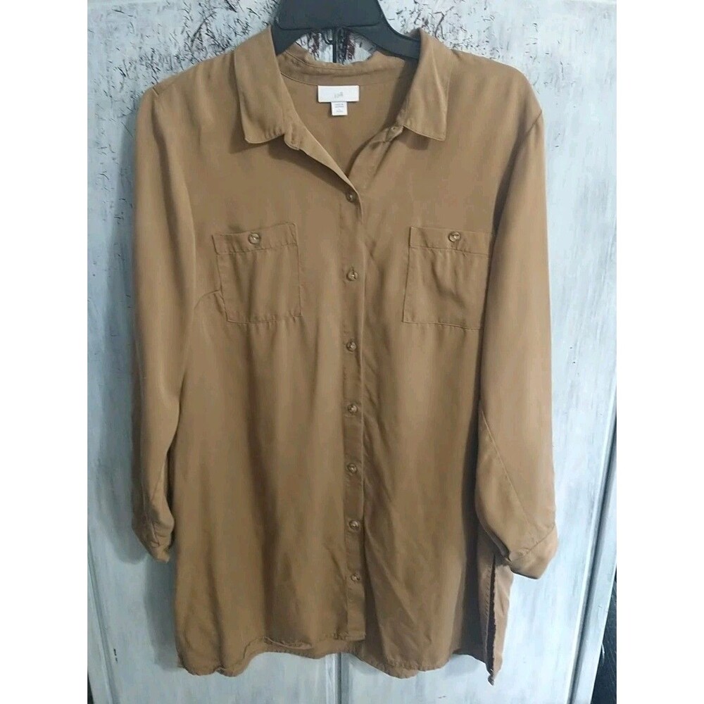 J. Jill Collard Button Up Roll Tab Sleeve Blouse Tunic Sz LP beachy Boho